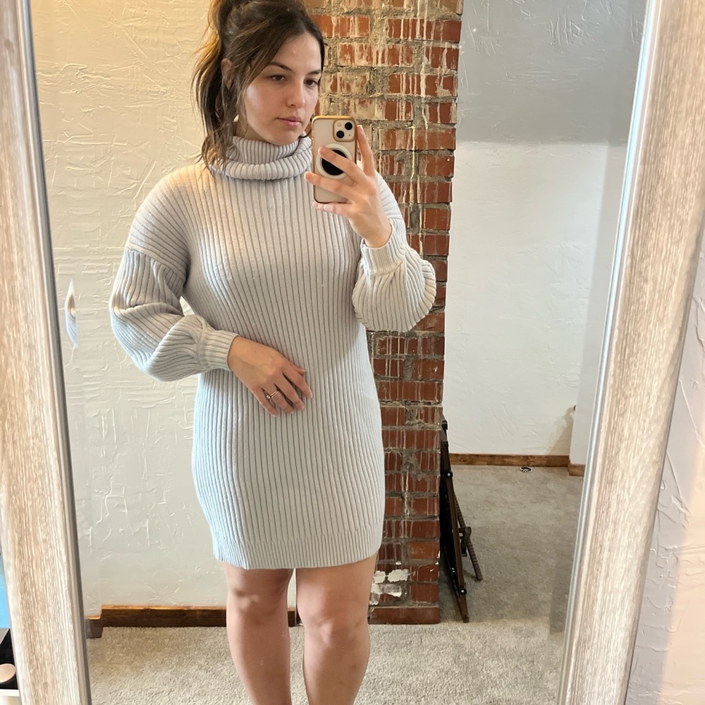 Amazon Gray Turtleneck Bishop Sleeve Sweater Dress